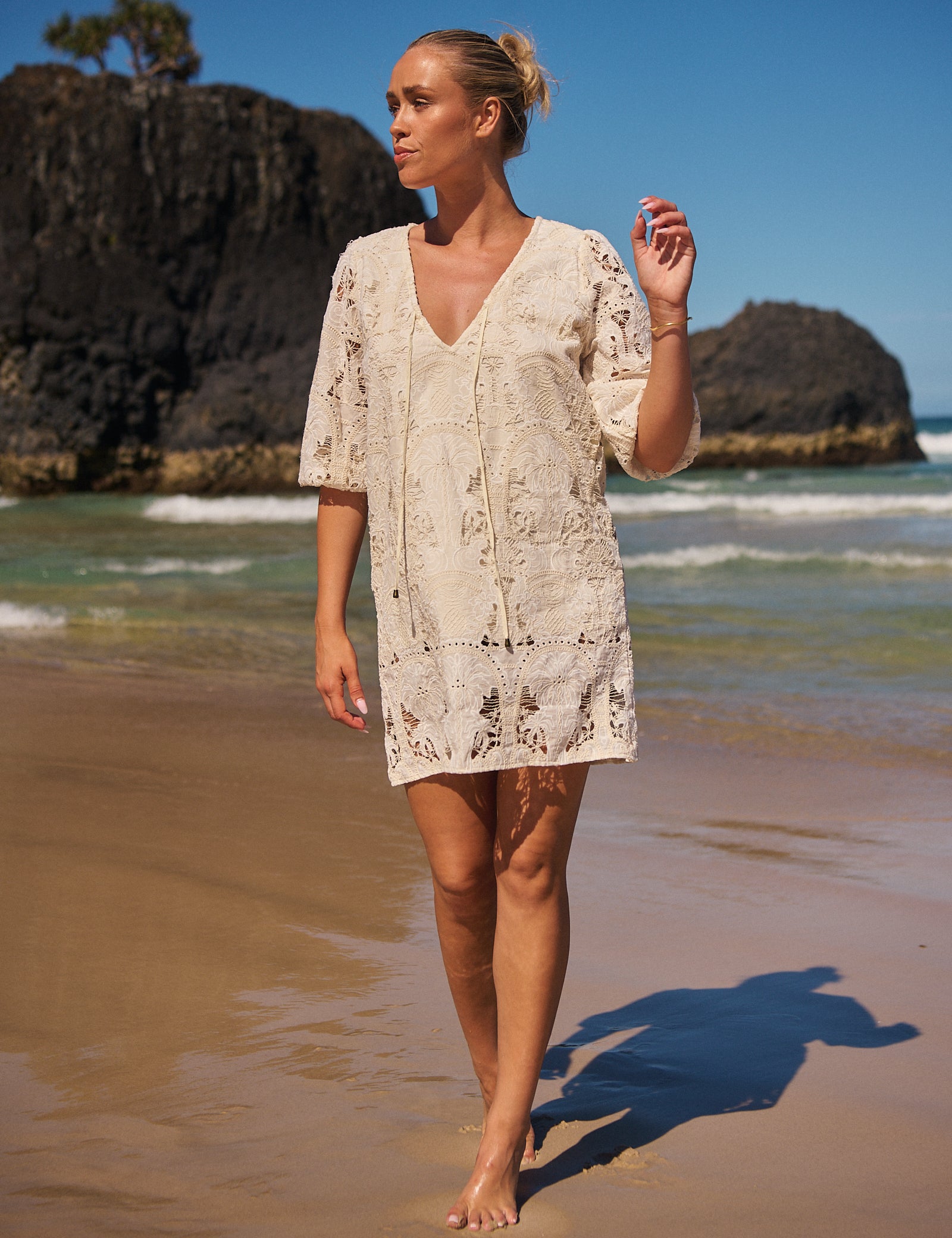 Golden Palms Embroidered Lake Dress