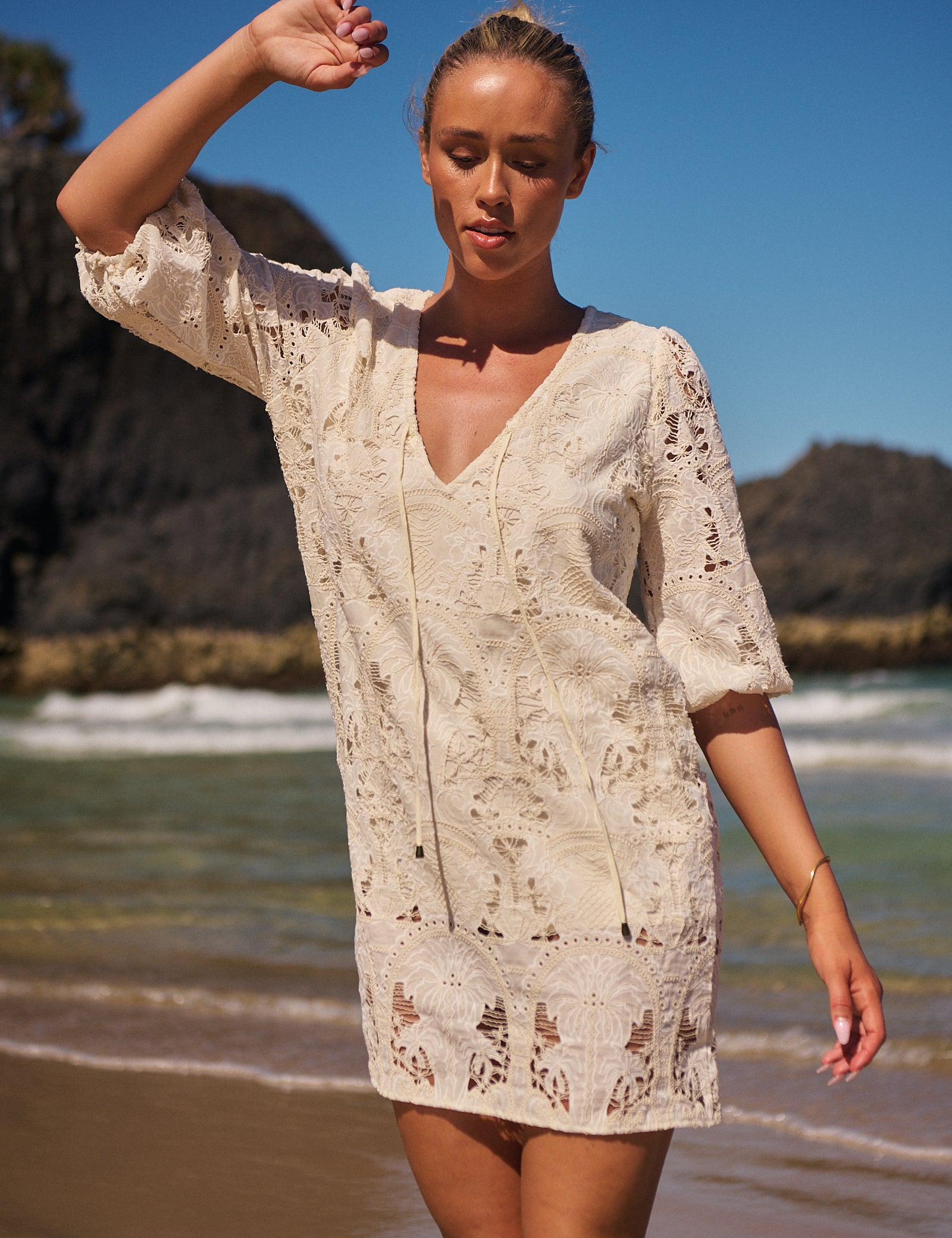Golden Palms Embroidered Lake Dress